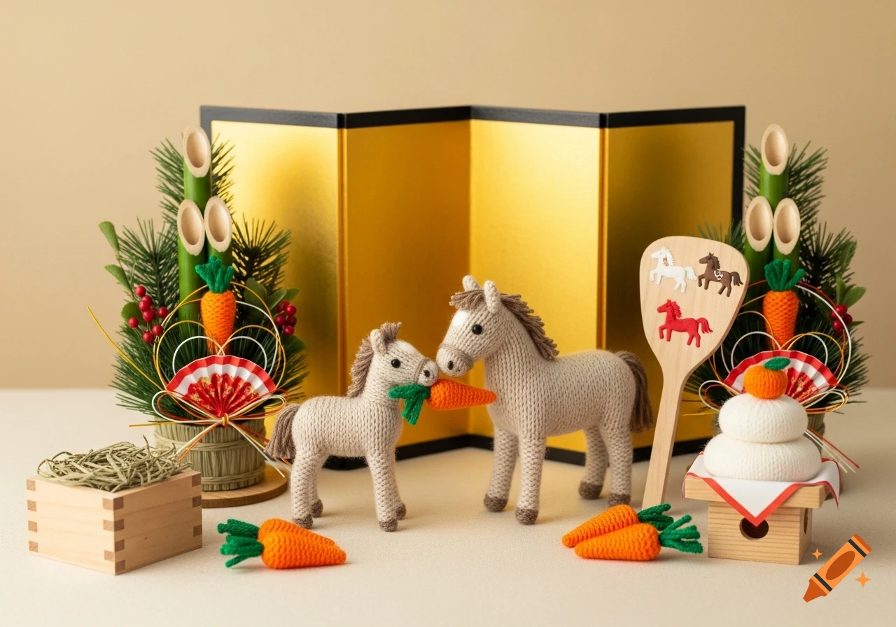 Two knitted miniature horses, one nibbling a carrot, stand amidst Japanese New Year decorations, in front of a golden screen.