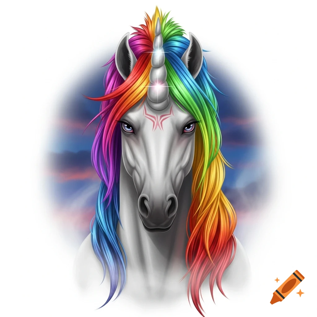 Close-up of a white unicorn's head with a flowing rainbow-colored mane, piercing blue eyes, and a glowing horn, set against a blurred dark background.