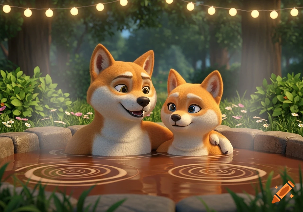 Two smiling cartoon shiba inus, a male and a female, relaxing happily in a mud hot tub outdoors at night with string lights.