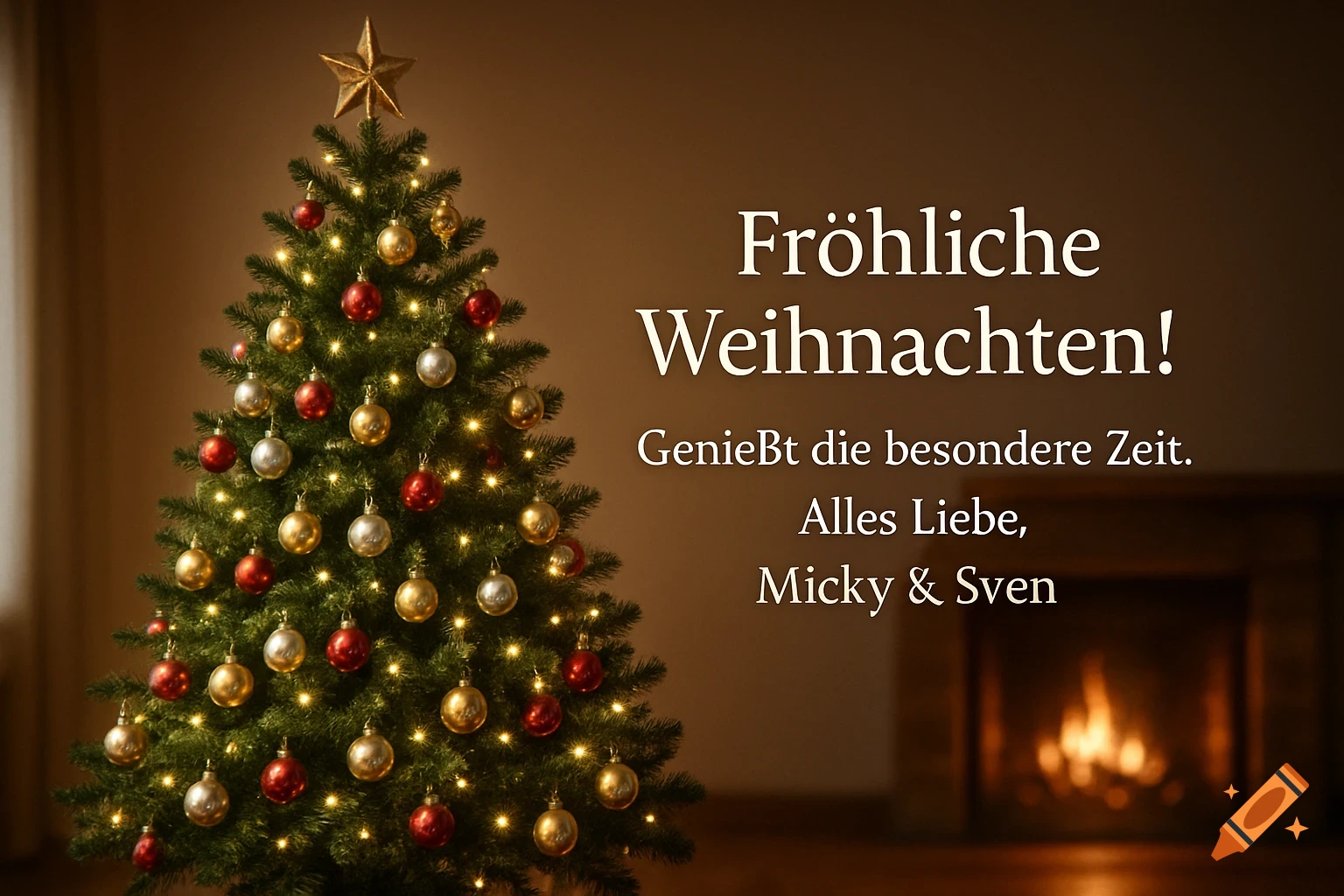 A festive Christmas tree with red, gold, and silver baubles, warm lights, and a star topper, next to a blurred fireplace, with 'Fröhliche Weihnachten!' text.