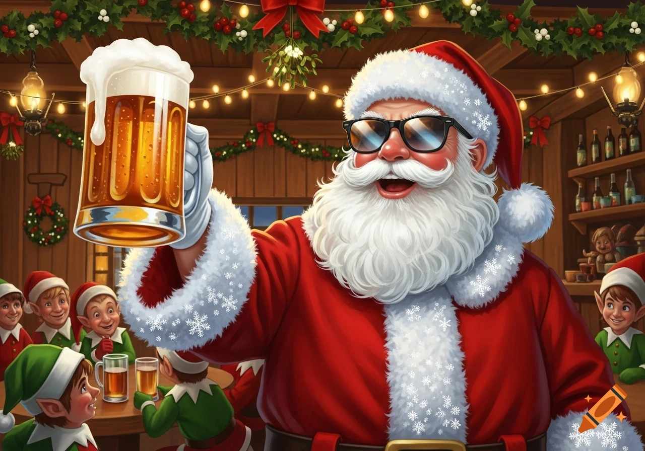 An illustration of Santa Claus in sunglasses toasting with a large beer in a festive wooden pub, surrounded by smiling elves drinking beer.