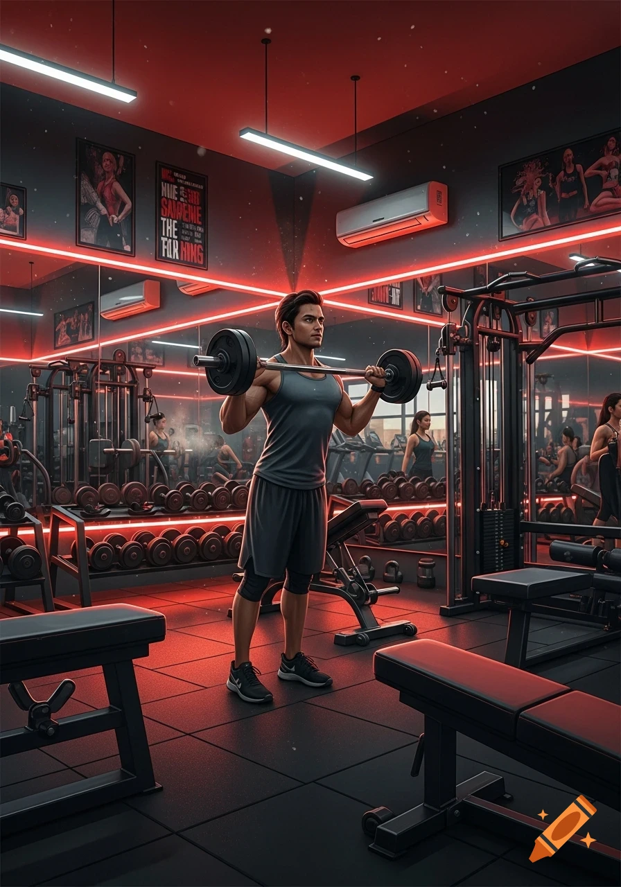 A man lifts a barbell in a red-lit modern gym with mirrors and fitness equipment, photorealistic style.