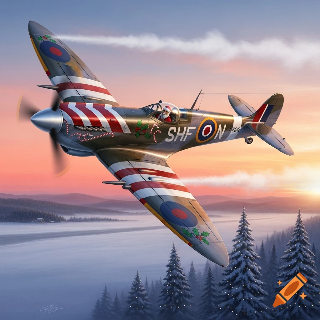 Santa Claus in a Christmas-decorated Spitfire airplane flying over a snowy landscape with fir trees at sunset.