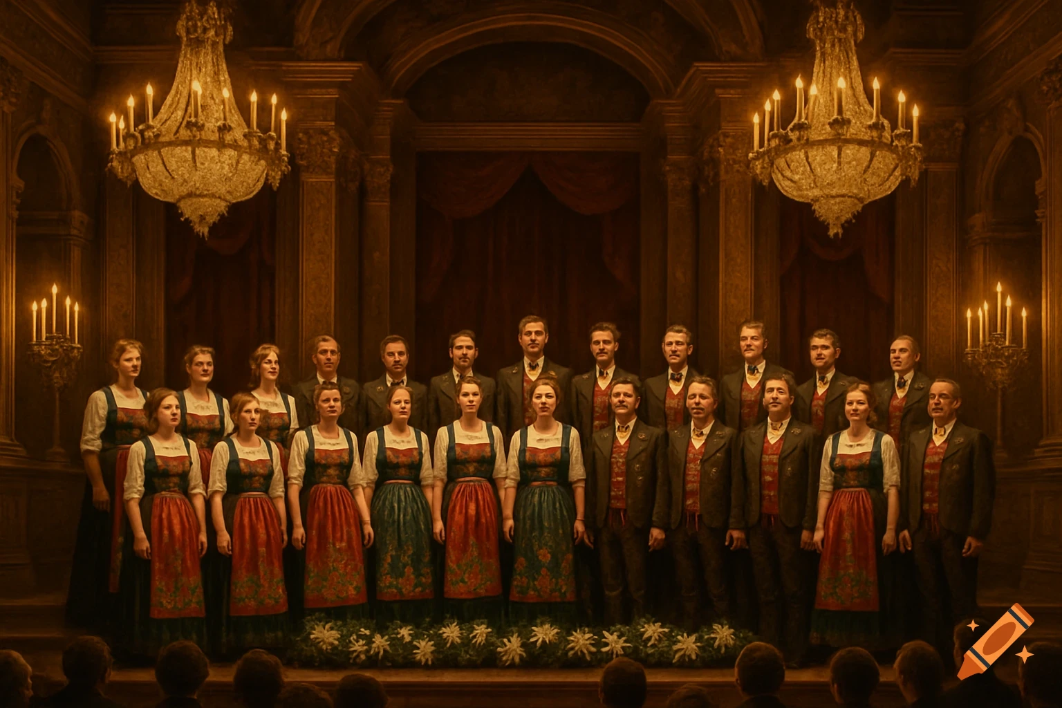 A diverse choir in traditional attire stands on a stage in a grand, dimly lit hall with chandeliers, ready to perform.