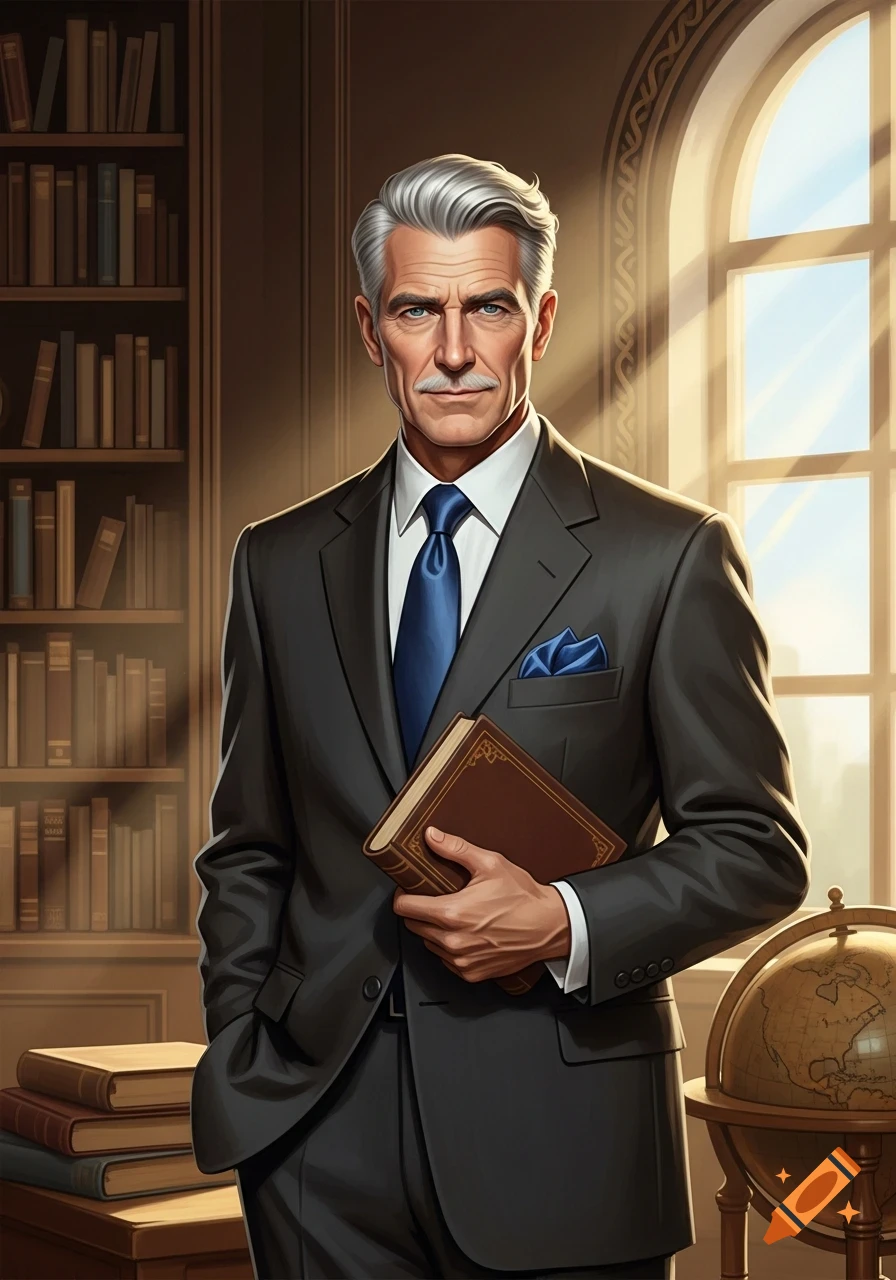 A distinguished man with gray hair and a mustache in a suit holds a book, standing in a sunlit study with bookshelves and a globe.