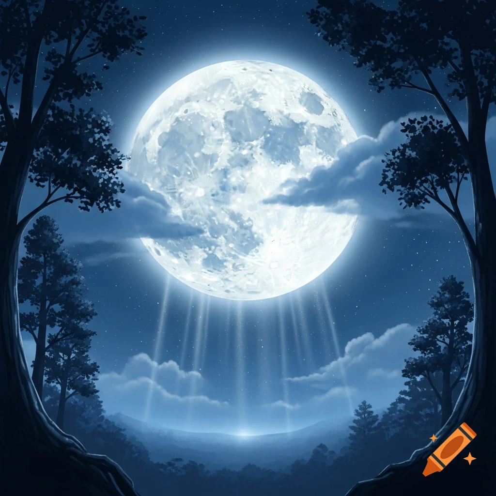 A luminous full moon dominates a starry night sky, framed by dark trees, casting light over a distant forest landscape.
