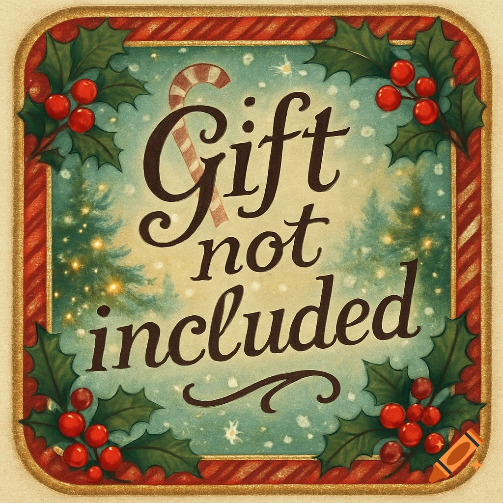 Vintage-style Christmas label with holly, candy cane, snowy trees, and text "Gift not included".