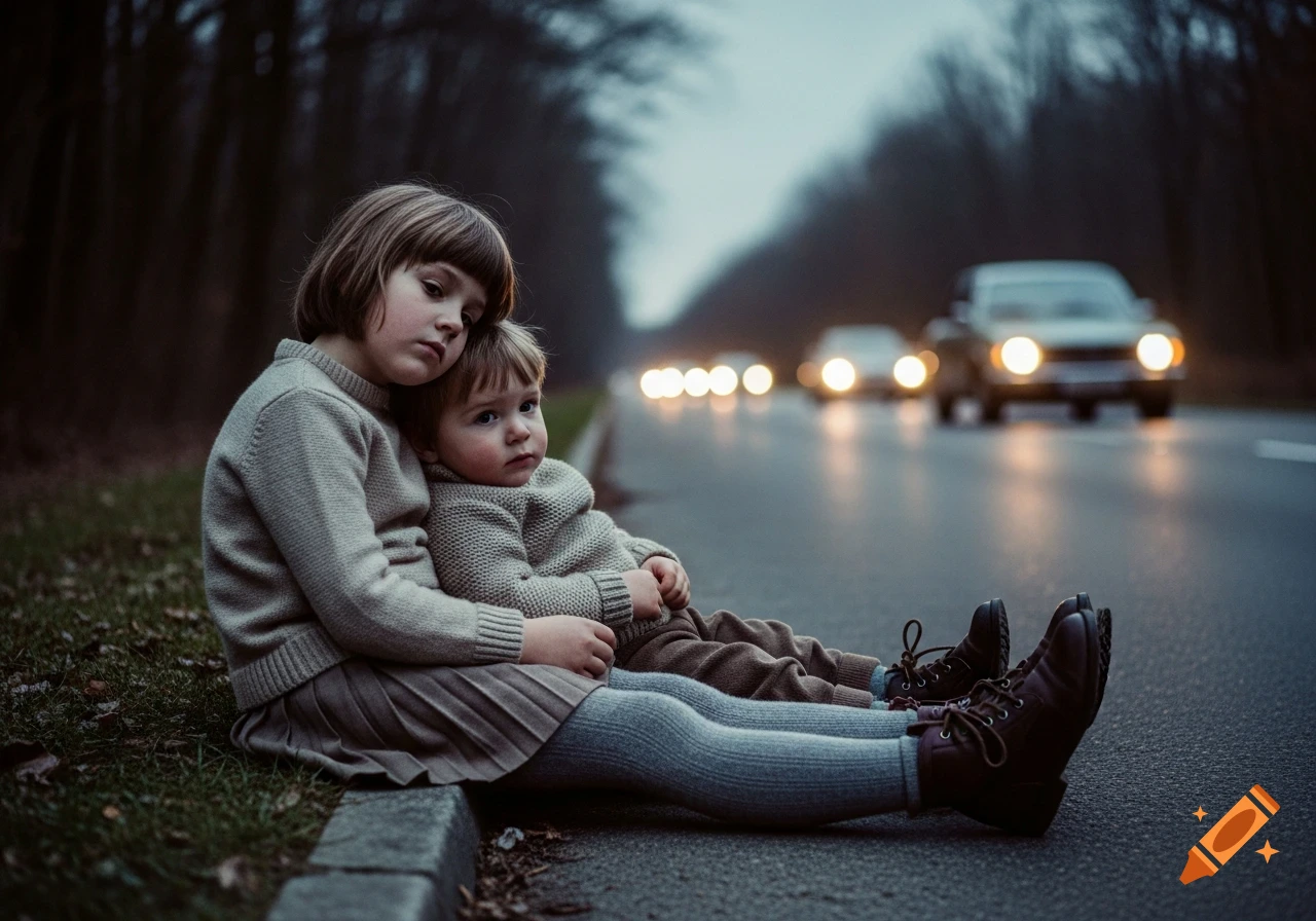 A realistic, cinematic photo of a young girl and boy sitting on a dark road's curb as cars with headlights pass by.
