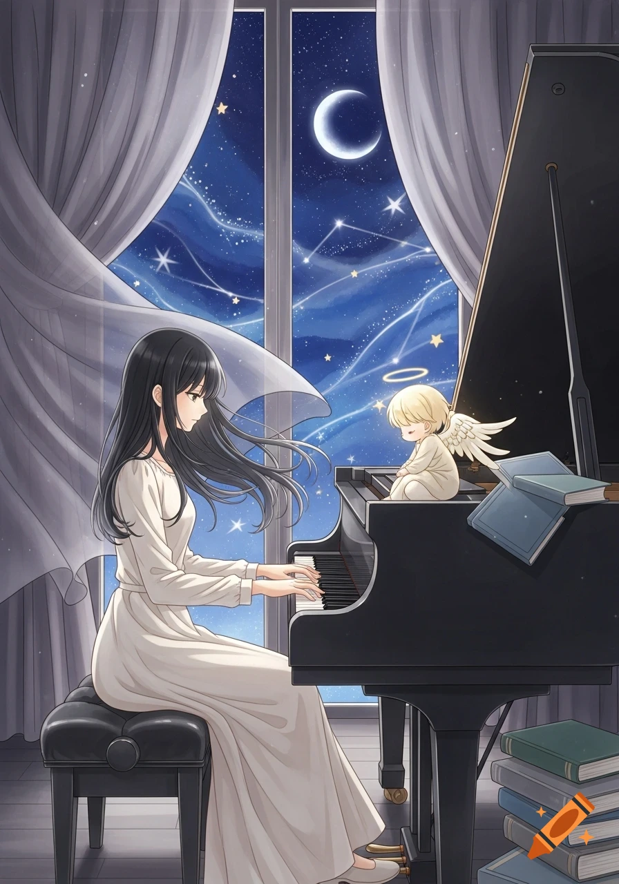 Anime-style illustration of a girl with long black hair playing a grand piano by a window overlooking a starry night sky with a crescent moon. A small angel sits on the piano.