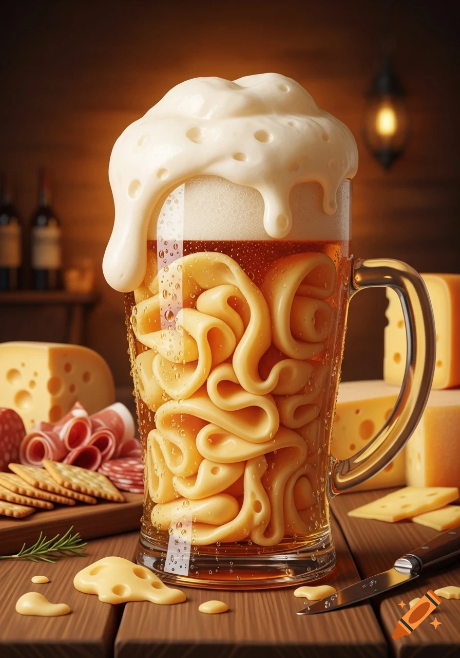 A photorealistic beer mug filled with melted cheese and foam, surrounded by cheese, crackers, and deli meats.