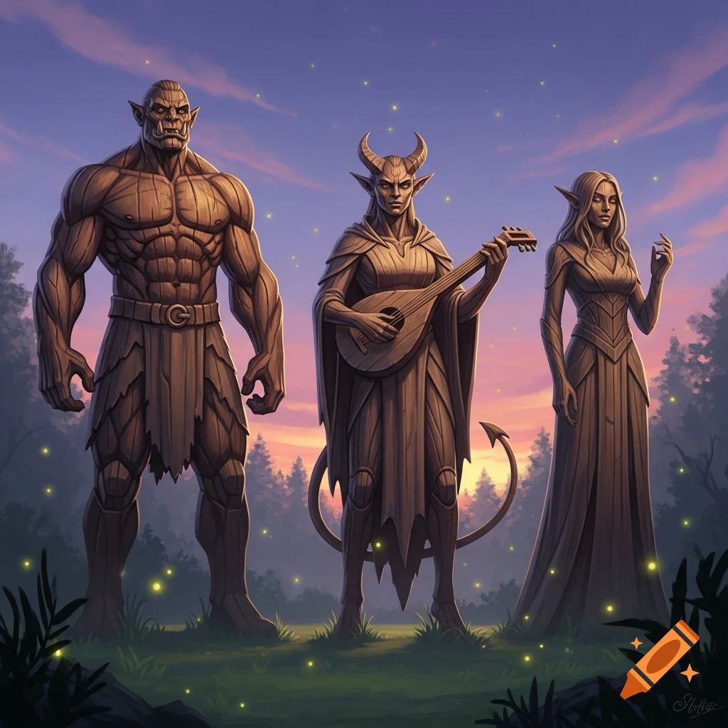 Three detailed wooden statues, a half-orc, a tiefling playing a lute, and a half-elf, stand in a glowing forest at sunset.