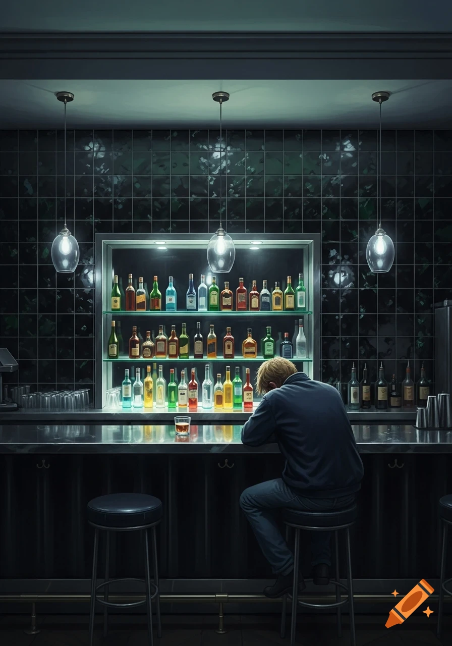 A man with blond hair slumped at a bar counter with a drink, colorful liquor bottles displayed on shelves against dark tiled walls.