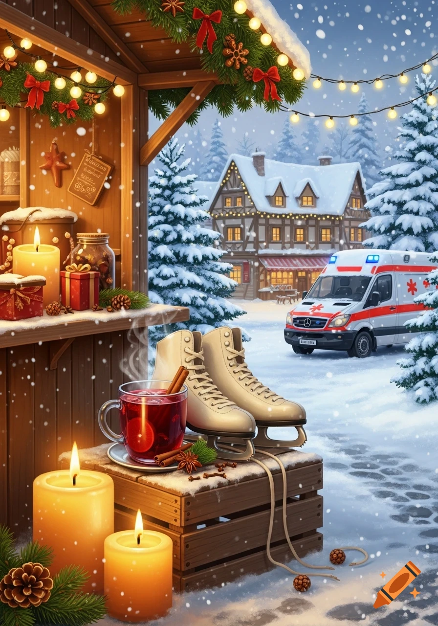 A snowy winter scene with a mulled wine stall, ice skates, and an ambulance in the background. Decorated with Christmas lights and snow-covered pine trees.