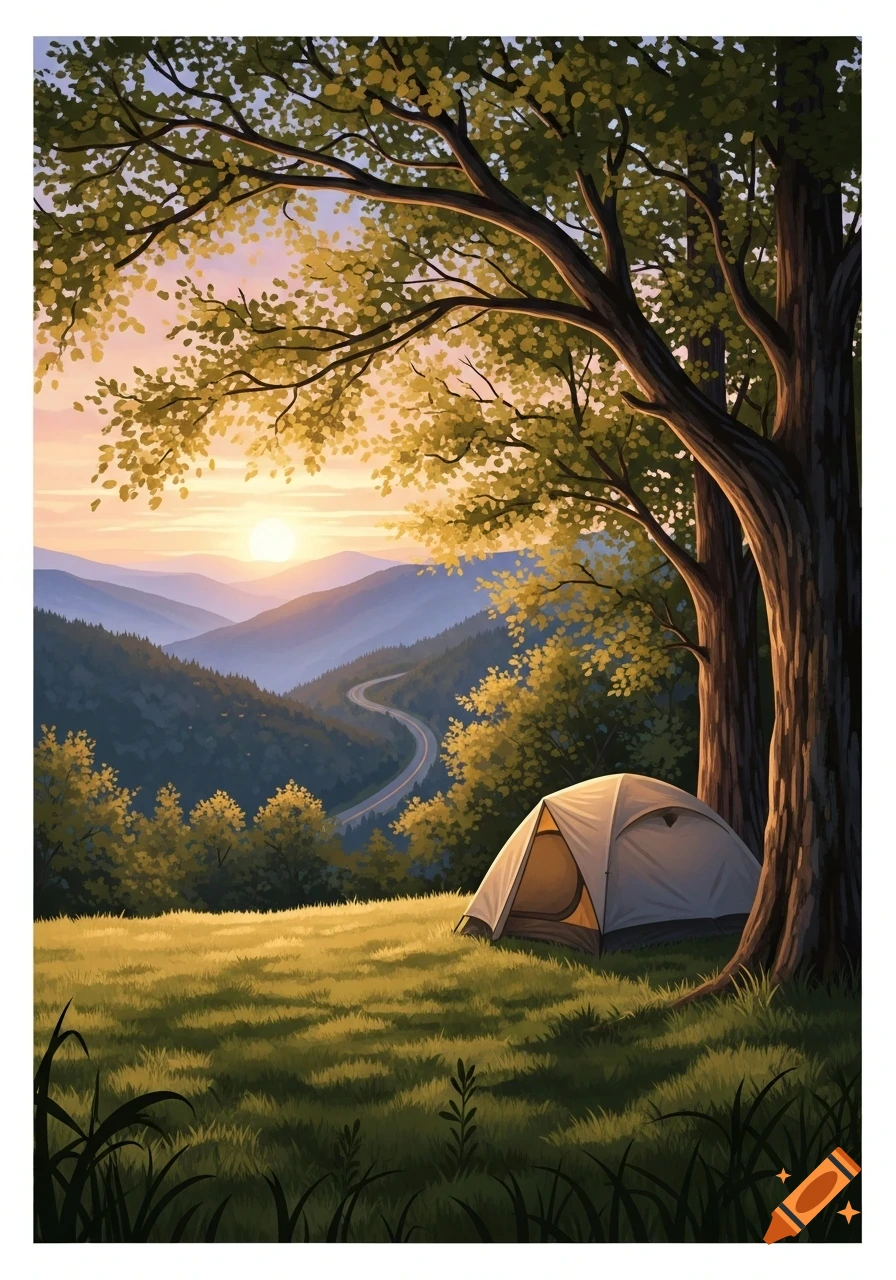An illustration of a tent on a grassy field under a tree at sunset, with mountains and a winding road in the distance.