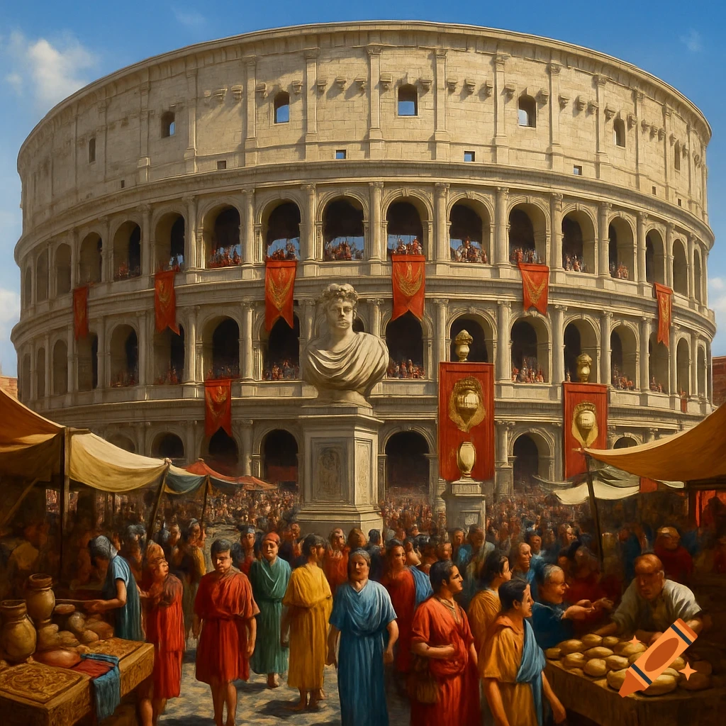 Photorealistic depiction of the Colosseum in ancient Rome, surrounded by a crowded market and festivities under a clear sky.