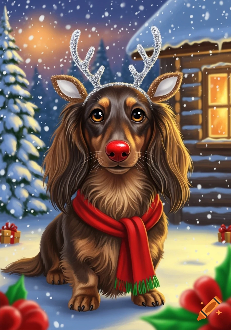 An illustrated long-haired Dachshund dressed as a reindeer with a red nose and scarf, in a snowy winter scene with a cabin.