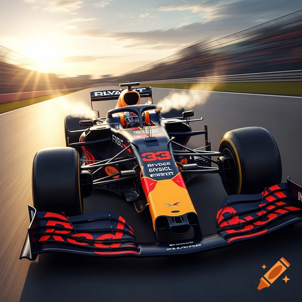 A dynamic shot of a black and orange Formula 1 car with number 33 speeding on a track at sunset, motion blur in the background.