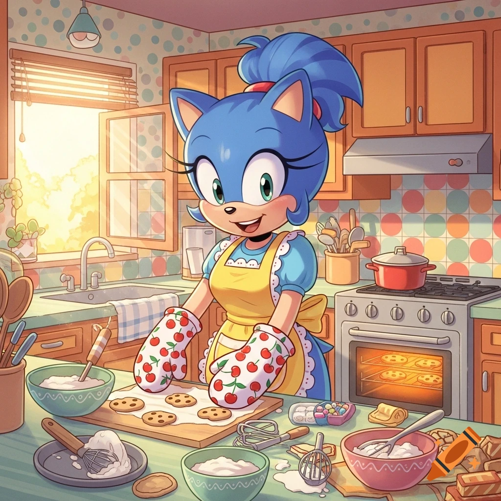 A blue cartoon hedgehog wearing a yellow apron and cherry oven mitts bakes cookies in a sunny kitchen.