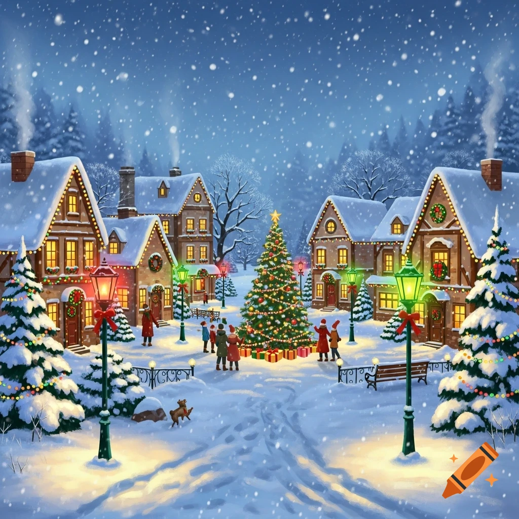 A charming, snowy Christmas village at night with a large decorated tree, warmly lit houses, and people celebrating.