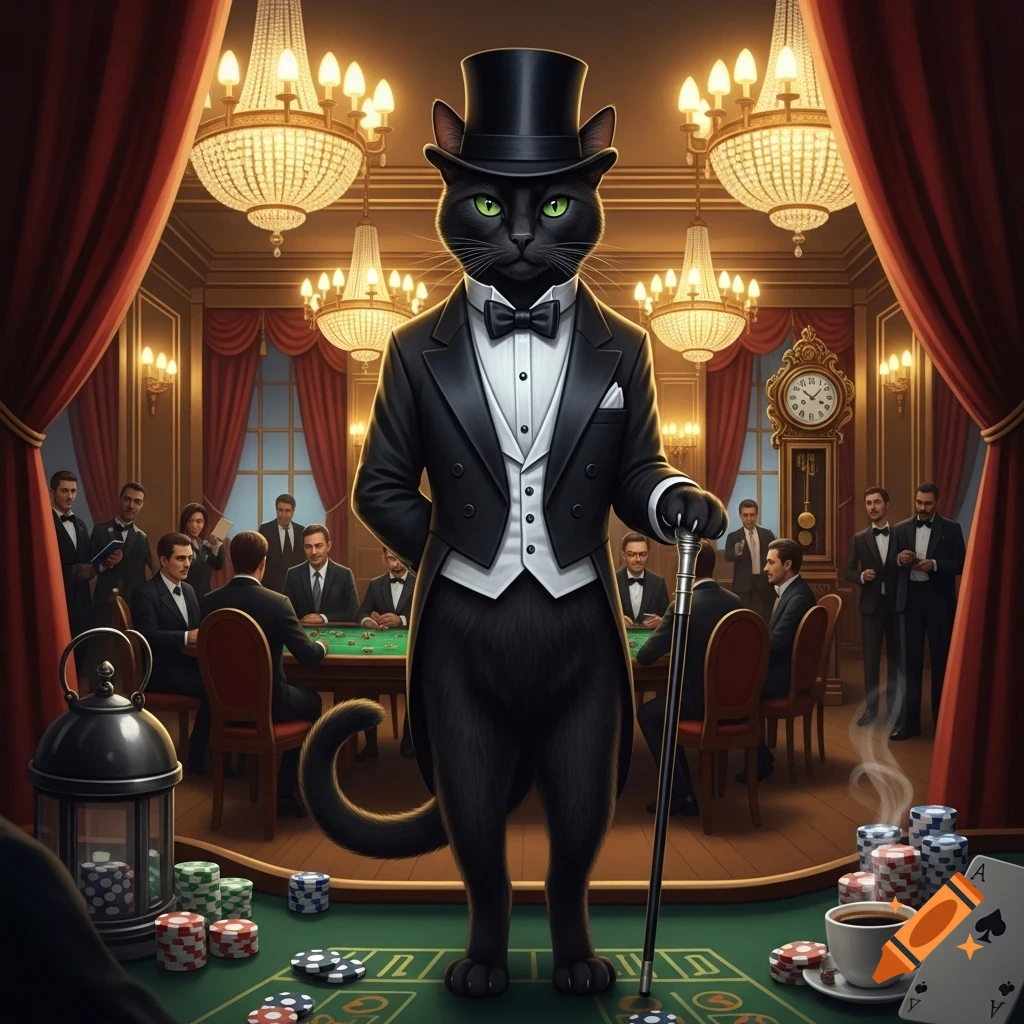 A black cat in a tuxedo and top hat with a cane stands on a casino table, surrounded by human gamblers in a lavish room.