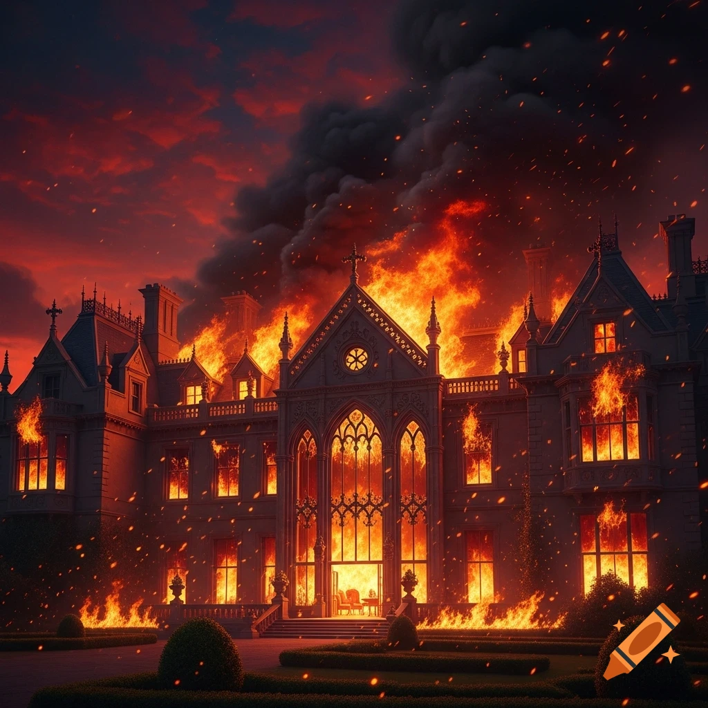 A grand mansion is engulfed in roaring flames, with thick smoke rising into a fiery red sky as embers fly through the air.