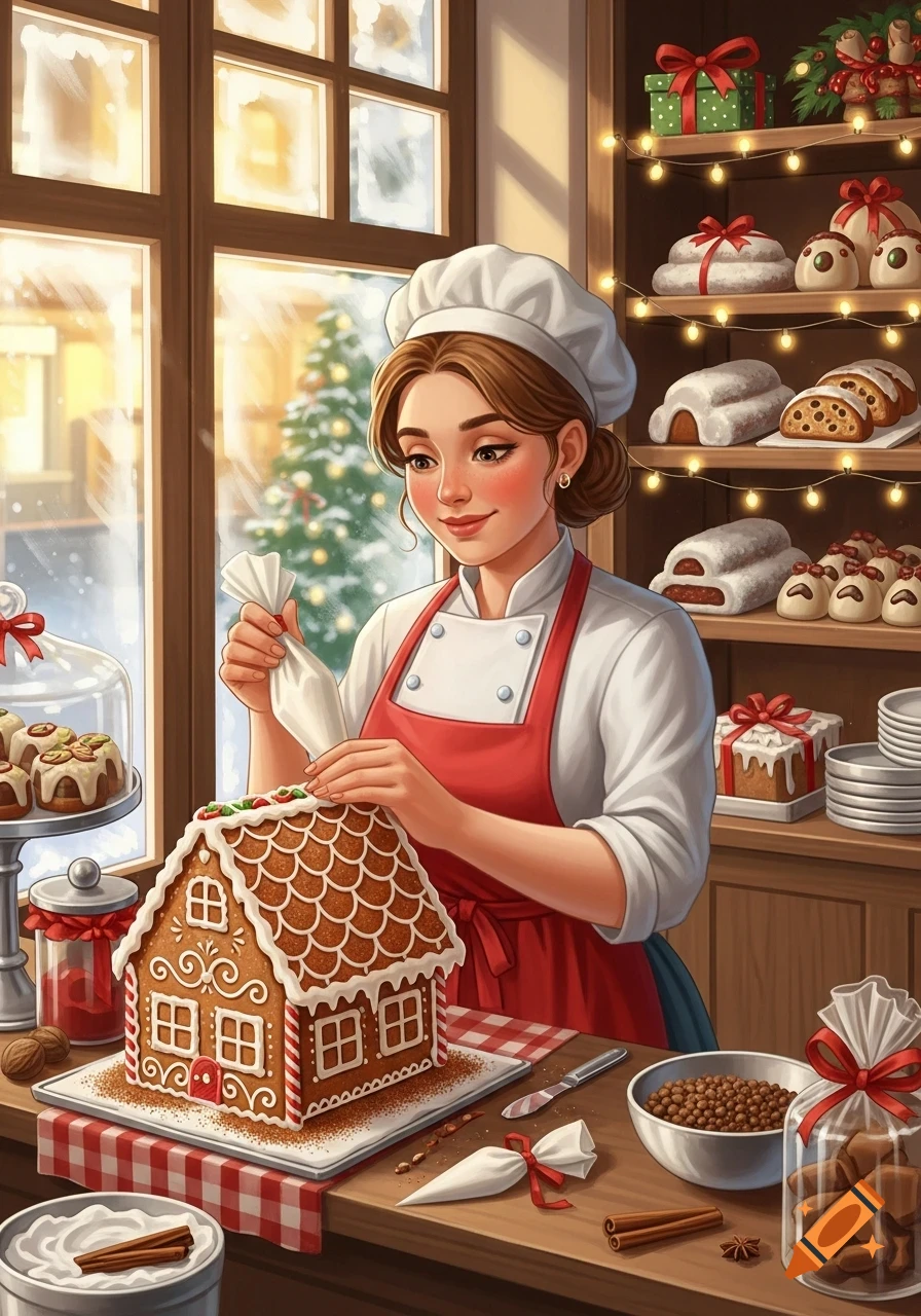 An illustrated baker decorates a gingerbread house in a cozy Christmas bakery with pastries and a Christmas tree outside.