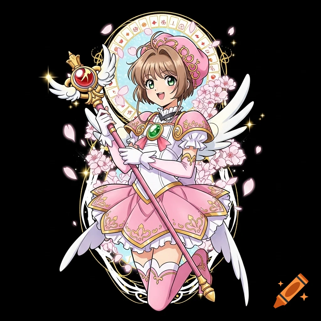 Anime magical girl in pink dress and wings, holding a staff, with cherry blossoms and an ornate circular background.