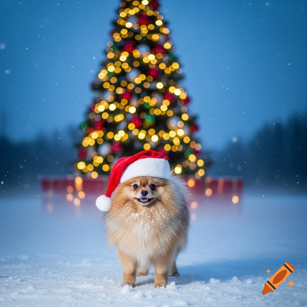 A fluffy Pomeranian dog wearing a red Santa hat stands in the snow in front of a bokeh Christmas tree and presents.