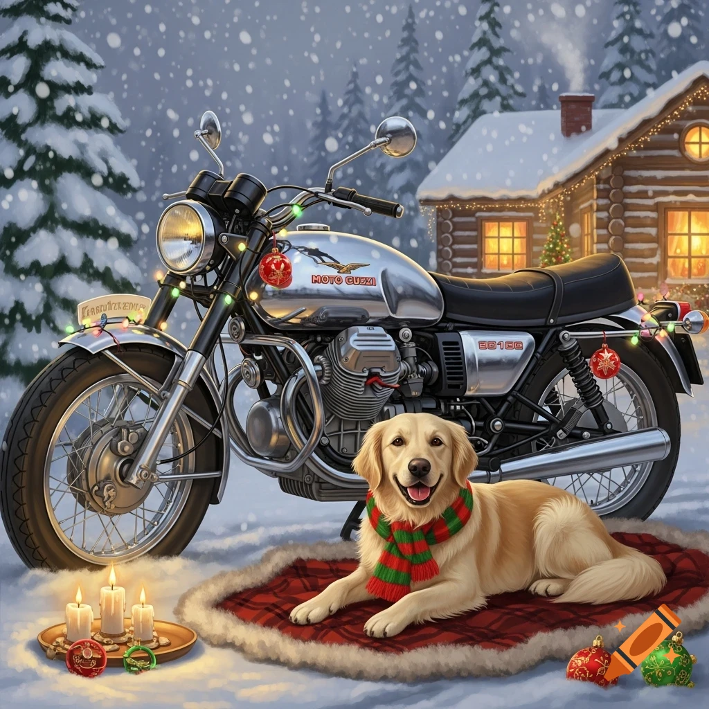A Golden Retriever in a festive scarf lies on a red blanket next to a garland-decorated Moto Guzzi motorcycle in a snowy landscape with a cabin.