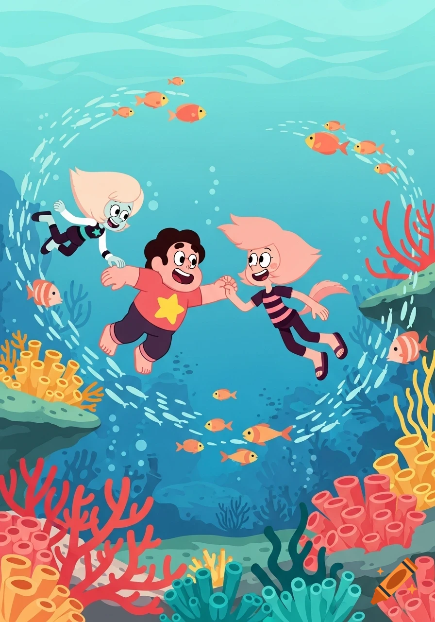 Steven Universe, a pink-haired character, and a blonde character swim happily underwater among colorful coral and small fish.