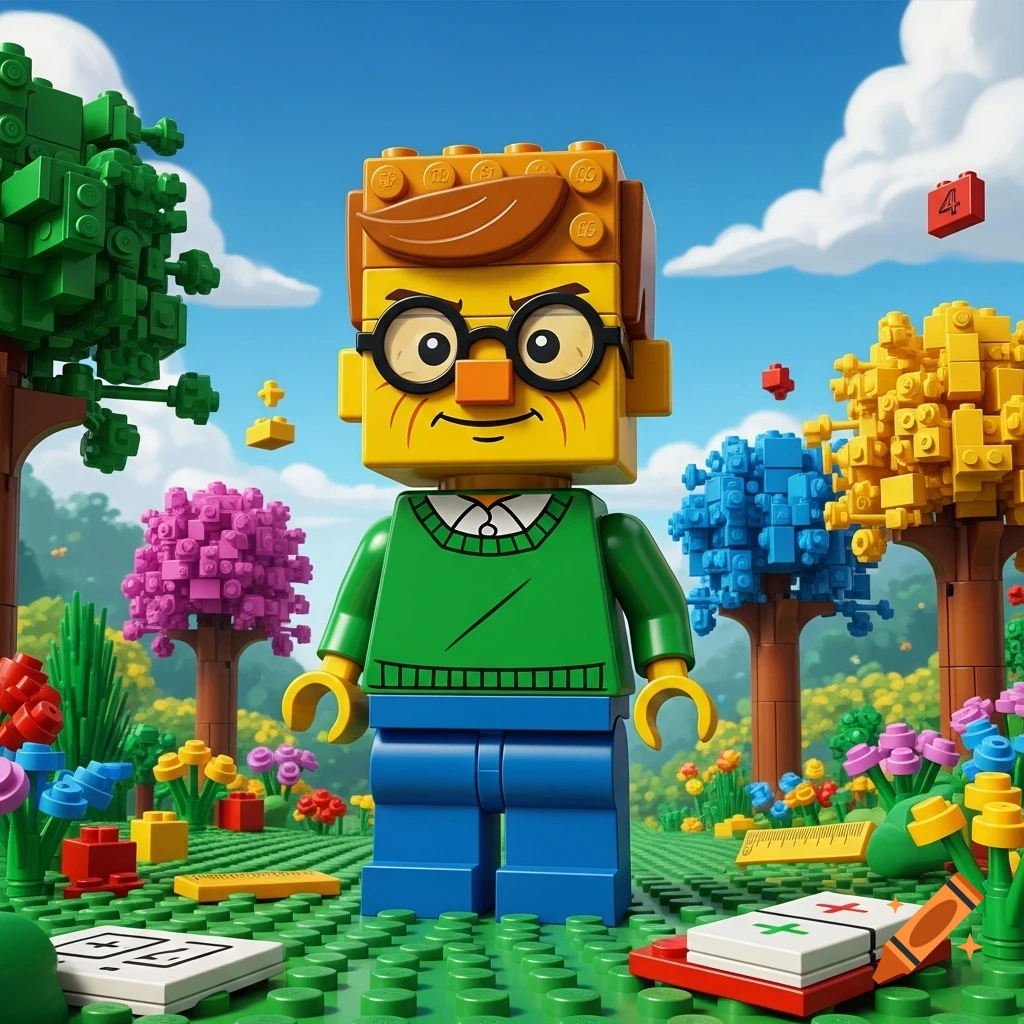 A Lego Baldi character with glasses and a green sweater stands on a green stud-covered surface in a vibrant, blocky outdoor park with colorful Lego trees and mathematical elements scattered around.