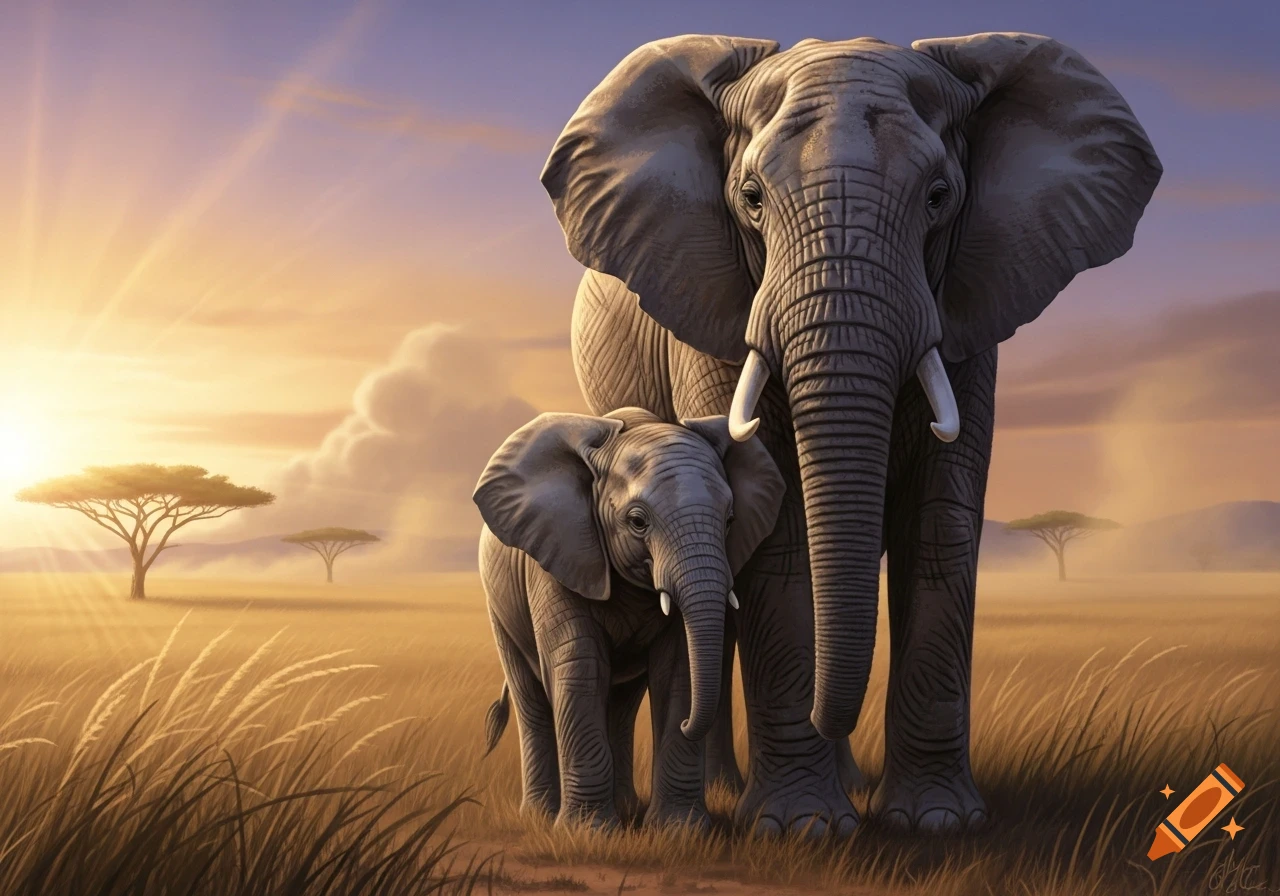 An adult elephant and a baby elephant stand in a golden savanna at sunset with acacia trees in the background.