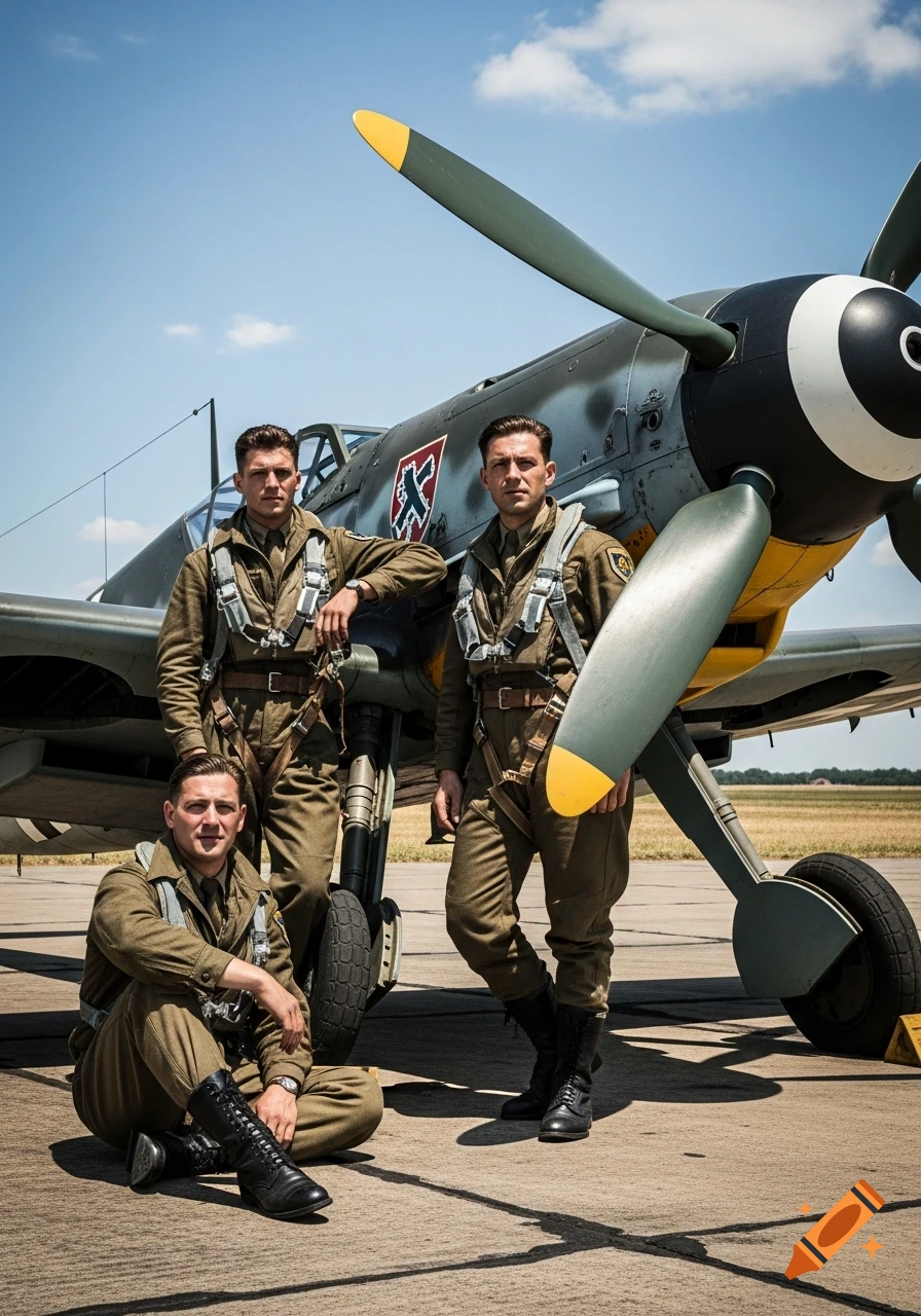 Three photorealistic German pilots in brown uniforms pose on an airfield next to a grey Messerschmitt Bf 109 G-6 airplane with a propeller.