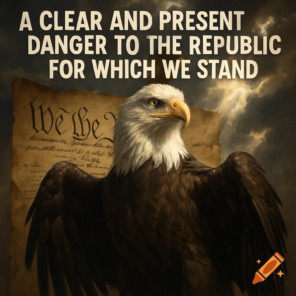 A majestic bald eagle is positioned in front of a weathered U.S. Constitution, with bold text overlay.