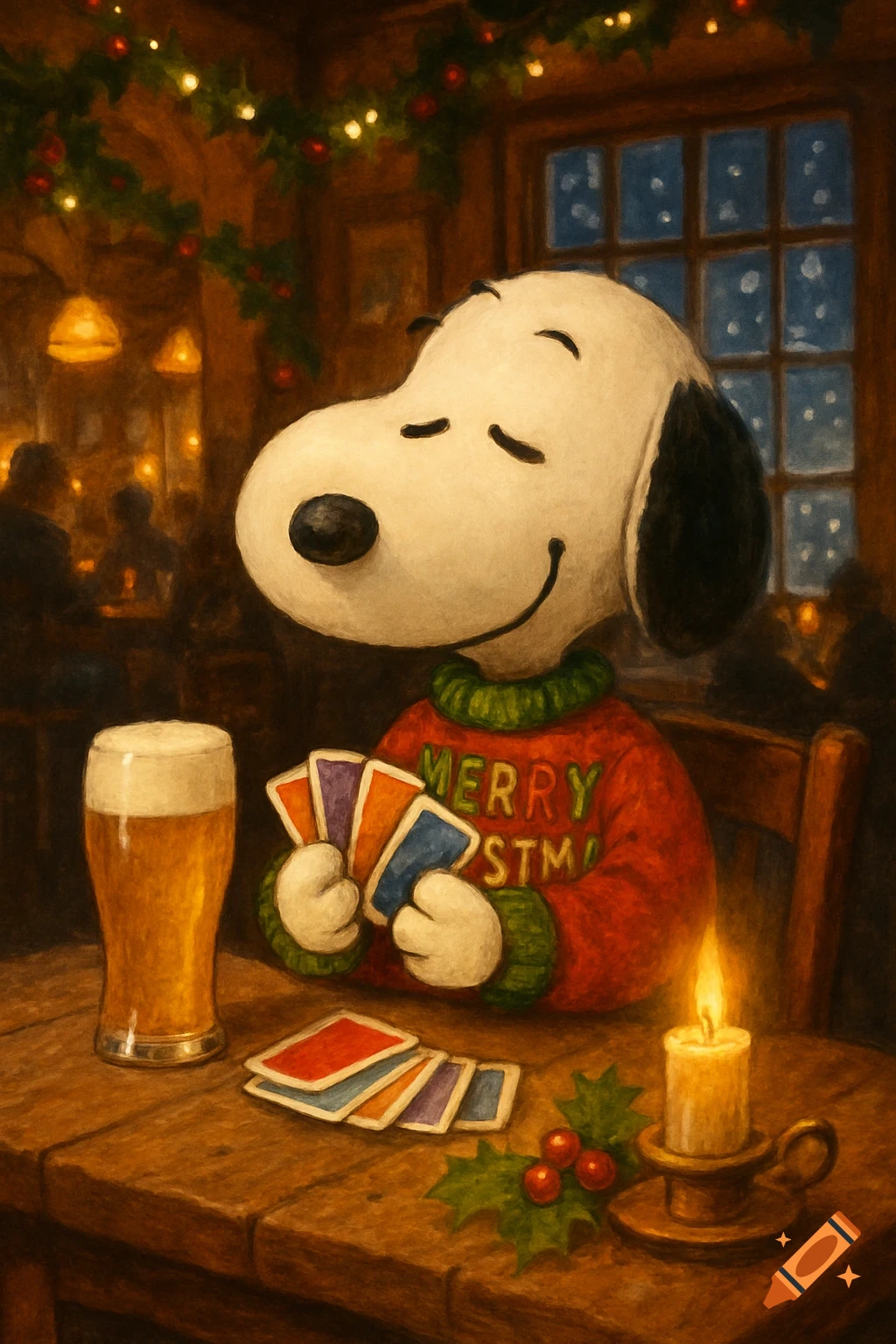 Snoopy wearing a Christmas sweater, playing cards at a festive pub with a beer and candle.