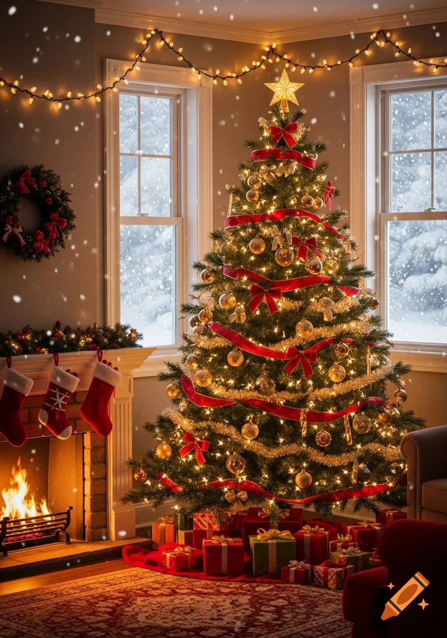 A cozy living room decorated for Christmas with a brightly lit tree, gifts, a fireplace with stockings, and snowy windows.