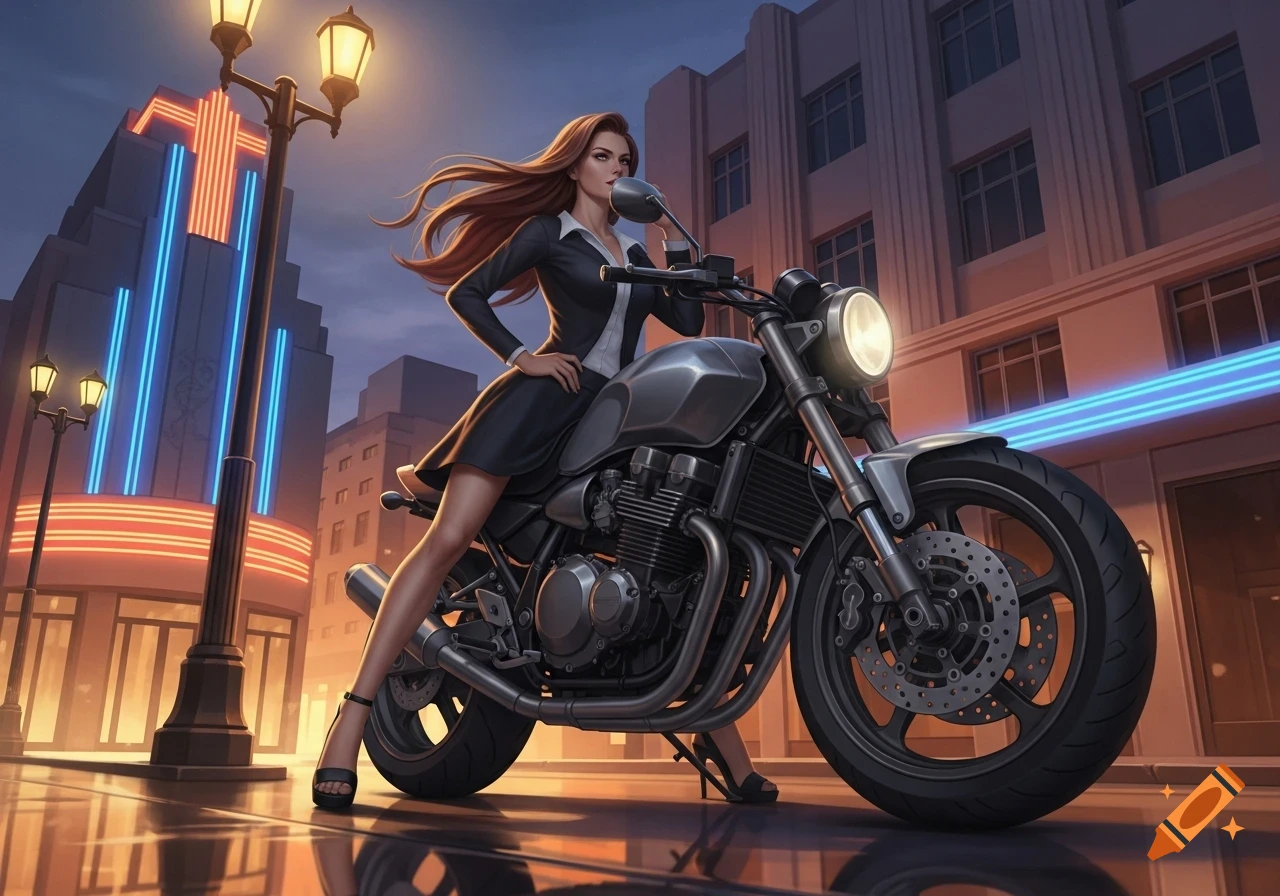 Stylized image of a woman in a black dress on a silver motorcycle in an urban setting at dusk, with neon lights reflecting.