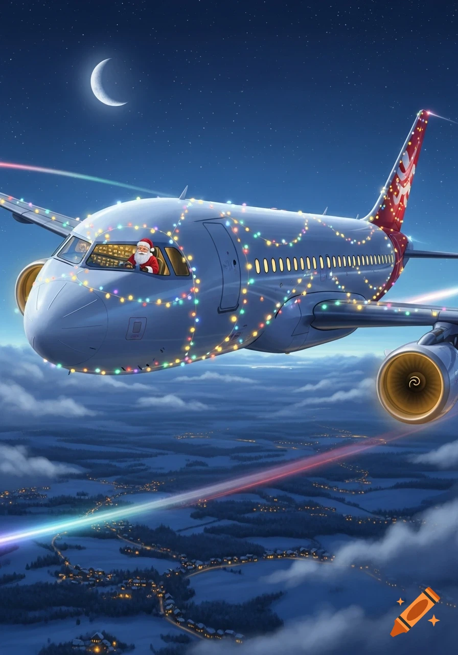 Santa Claus pilots a Christmas-light-adorned airplane at night over a snowy landscape under a crescent moon, stylized illustration.
