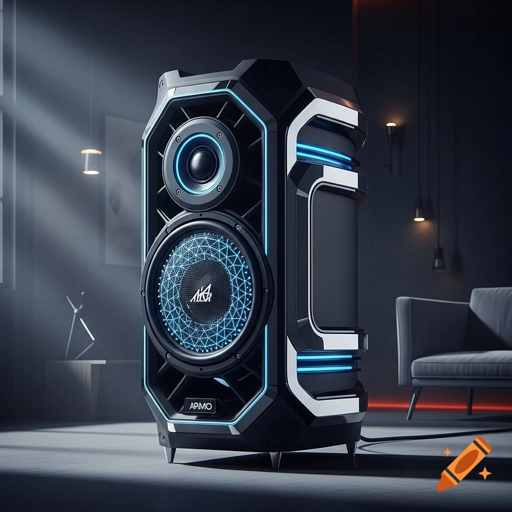Futuristic black bass speaker with blue glowing accents standing in a dimly lit modern room with a couch in the background.