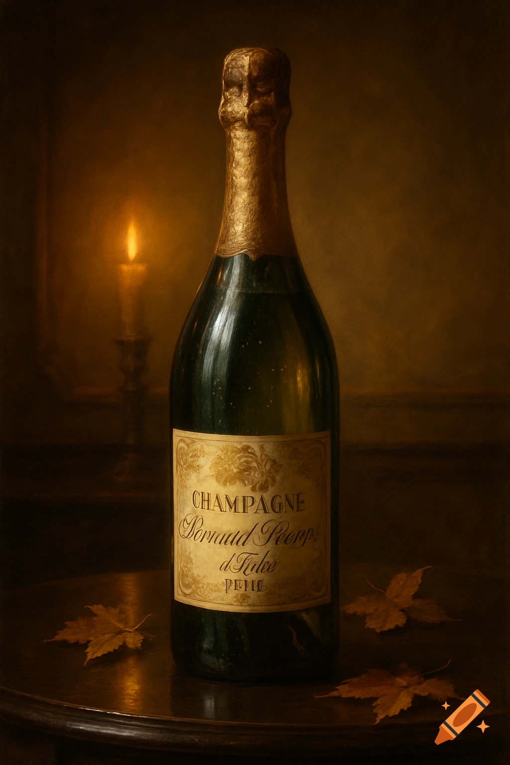 A dark, moody still life of a champagne bottle with a golden foil top, a lit candle, and autumn leaves on a wooden table.