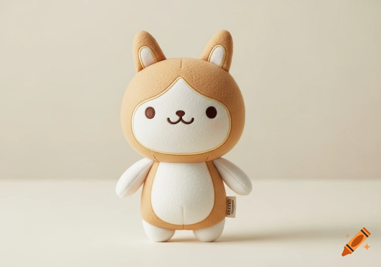 A cute, round-faced plushie resembling a bunny or cat, made of light brown and white felt with embroidered features, stands on a neutral background.