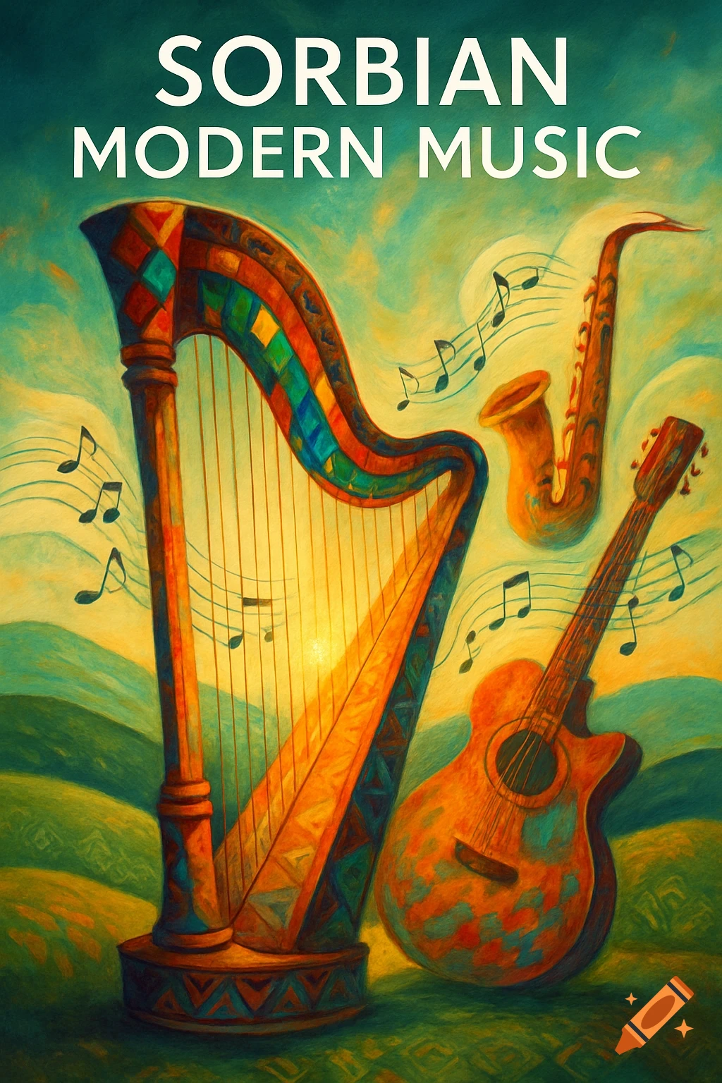 A colorful, stylized painting of a harp, saxophone, and guitar with musical notes. The text "SORBIAN MODERN MUSIC" is at the top.