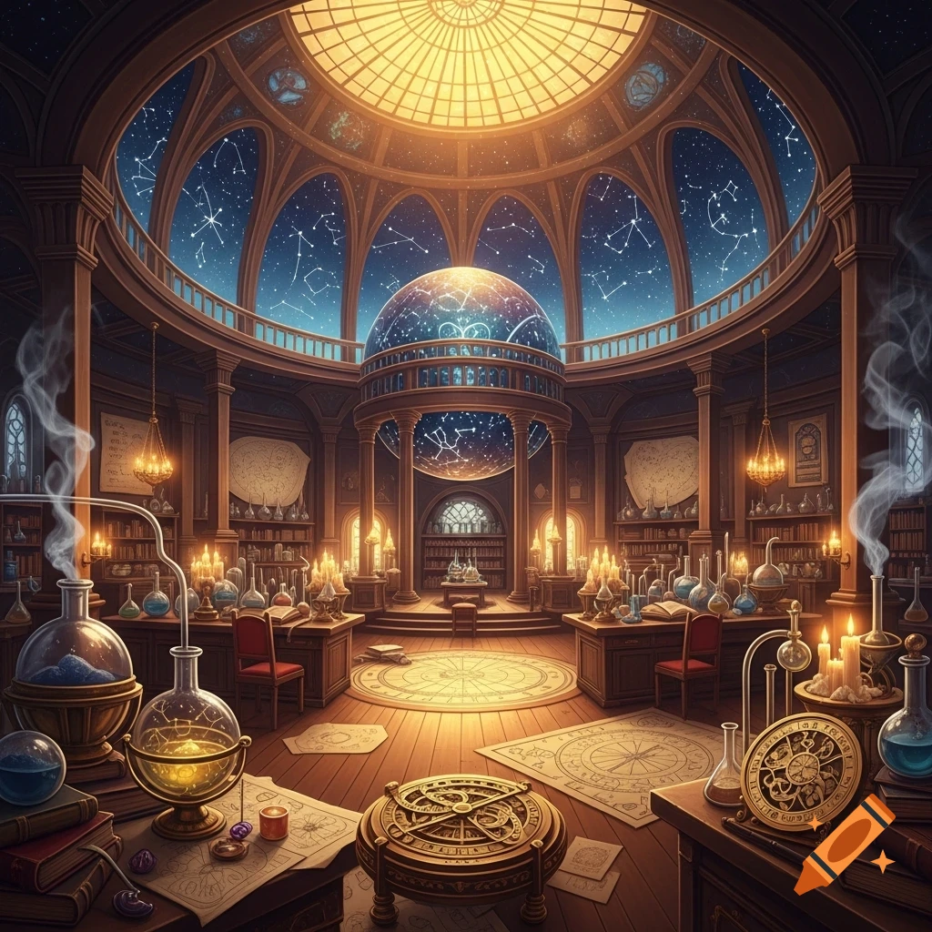 A grand, ornate alchemy lab and observatory with a central planetarium dome under a starry sky, filled with glowing flasks and antique instruments.