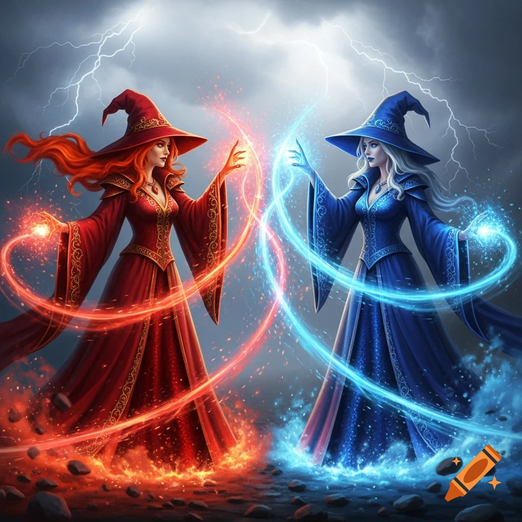 Two witches, one in red with fire magic and one in blue with ice magic, face off under a stormy, lightning-filled sky.