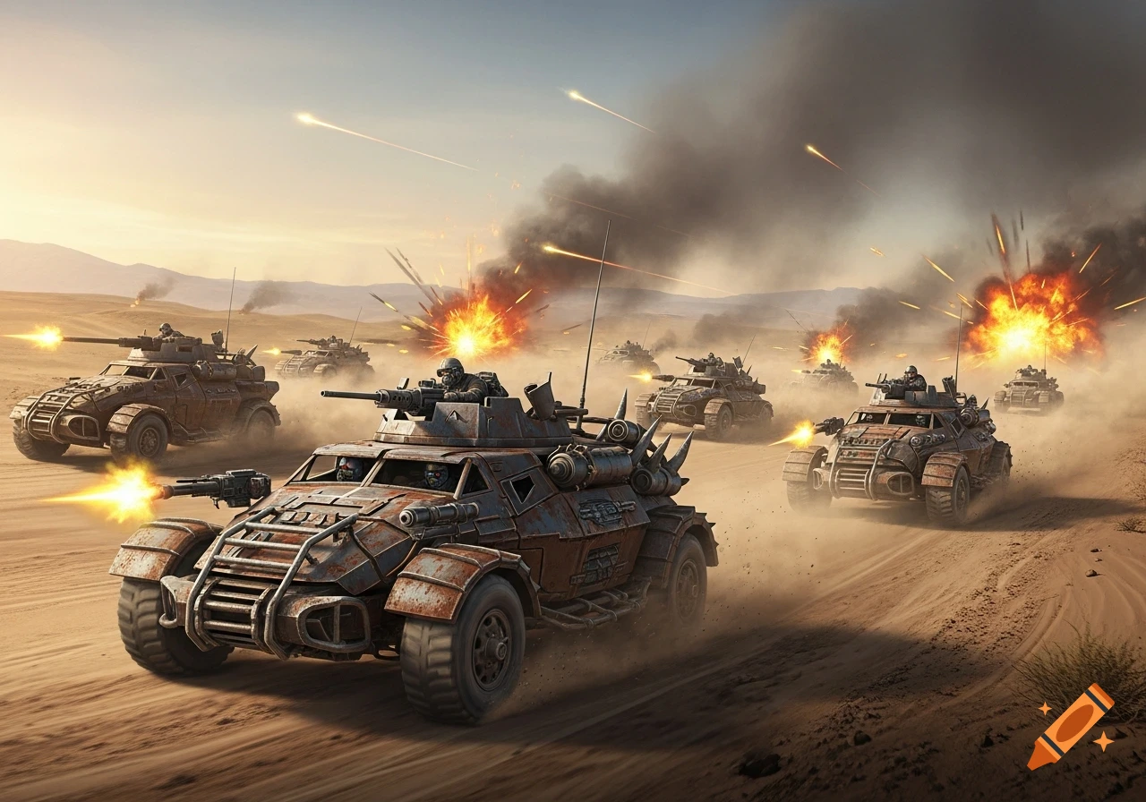 A convoy of rusty, spiky post-apocalyptic combat vehicles battles in a dusty desert with explosions and gunfire.