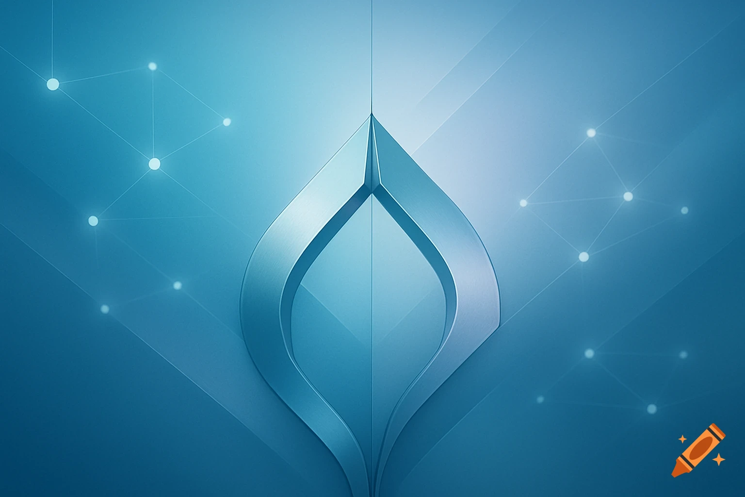 A metallic, abstract tear-drop shape in shades of blue against a gradient blue background with interconnected light dots.