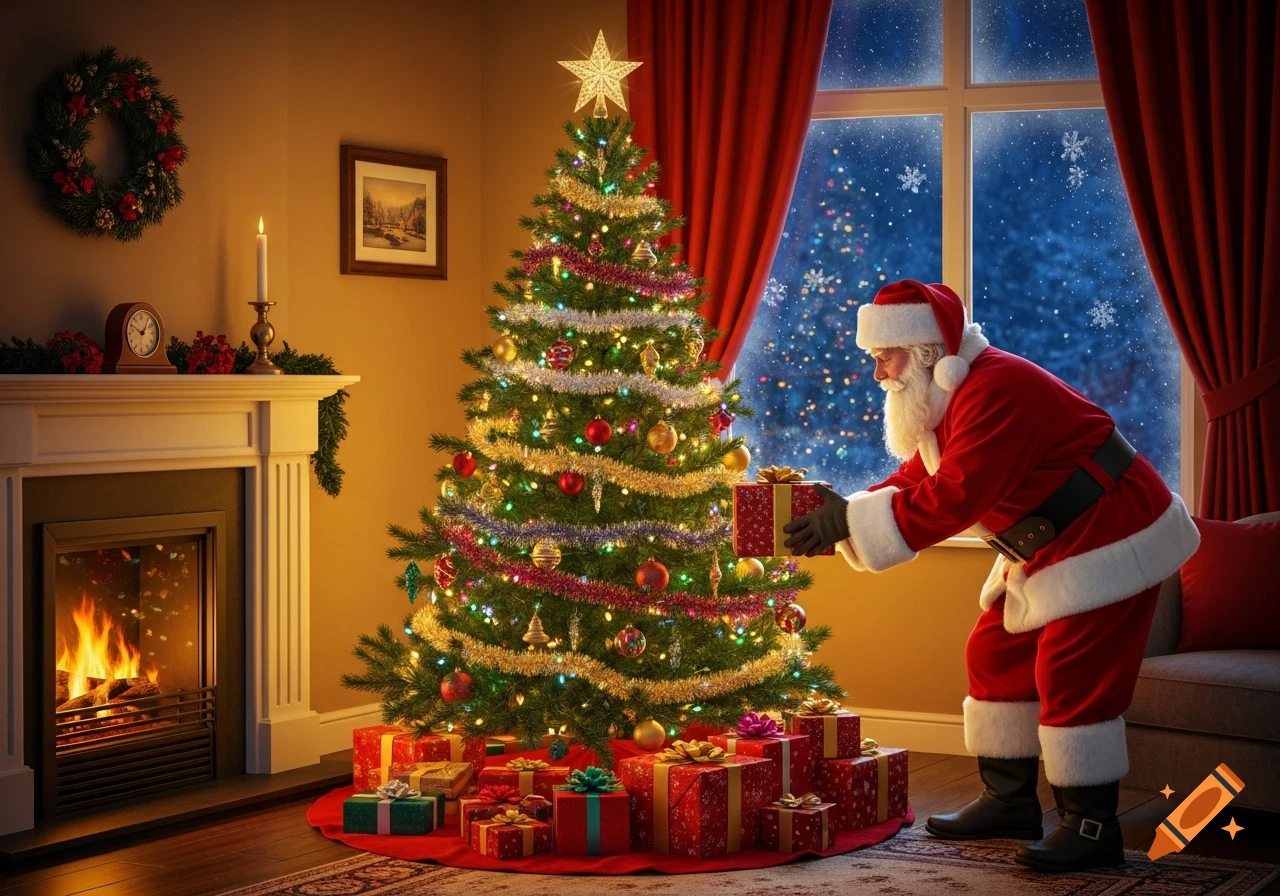 Santa Claus places red and green wrapped gifts under a brightly lit Christmas tree in a cozy room with a fireplace and snowy window.