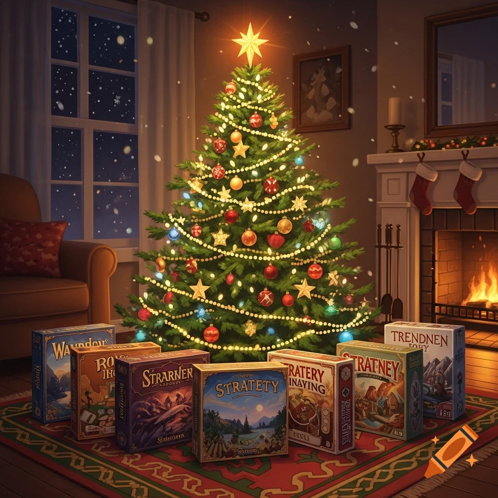 A warmly lit Christmas tree in a cozy living room with a fireplace, stockings, and several board game boxes on a rug below it, as snow falls outside a window.