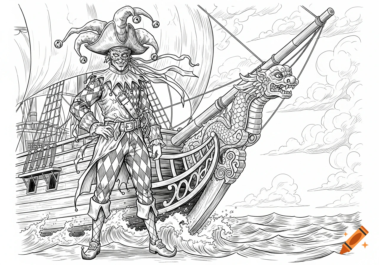 Black and white line art of a jester pirate standing in front of a sailing ship with a dragon figurehead.