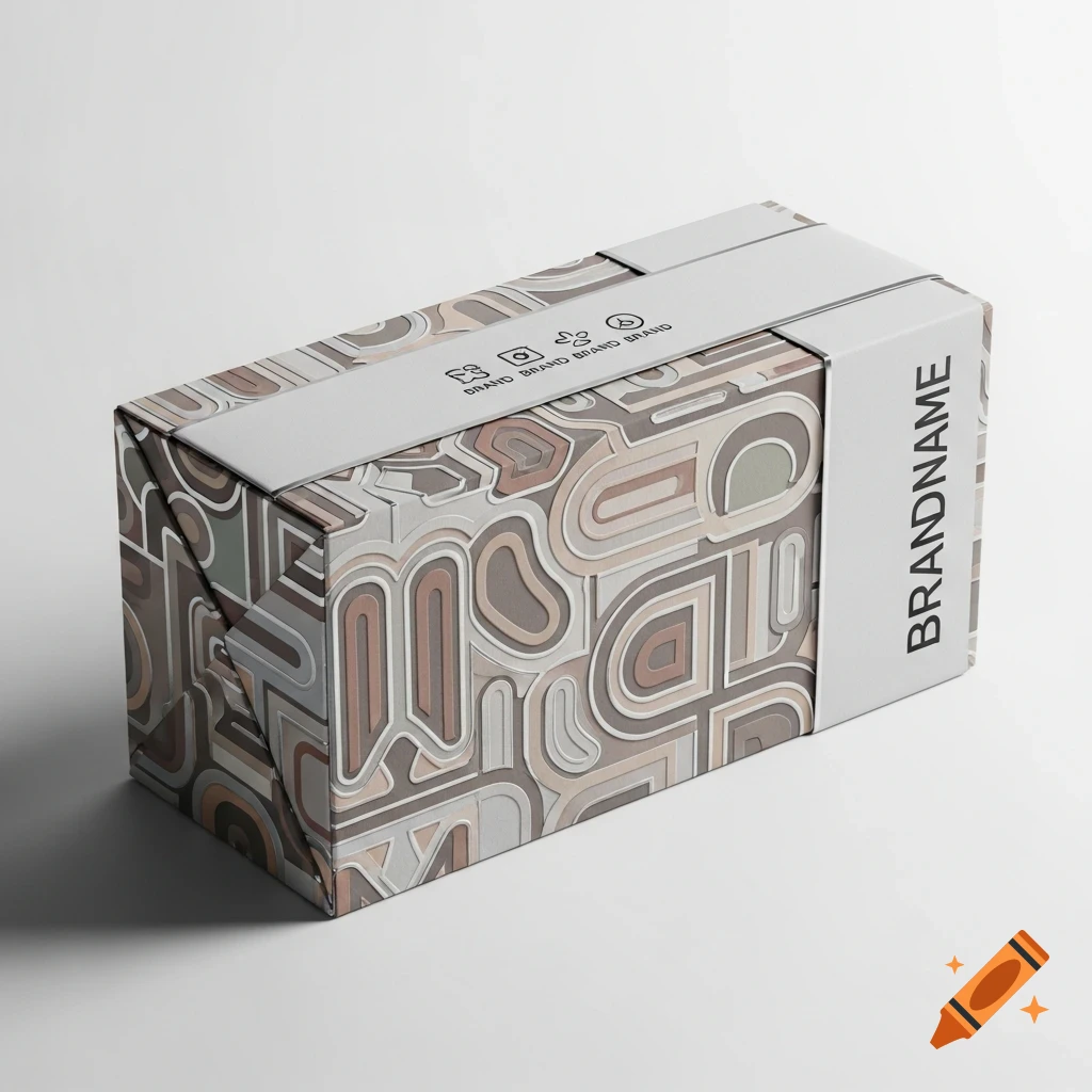 Photorealistic image of an embossed product packaging mailer box with abstract patterns and placeholder brand text.